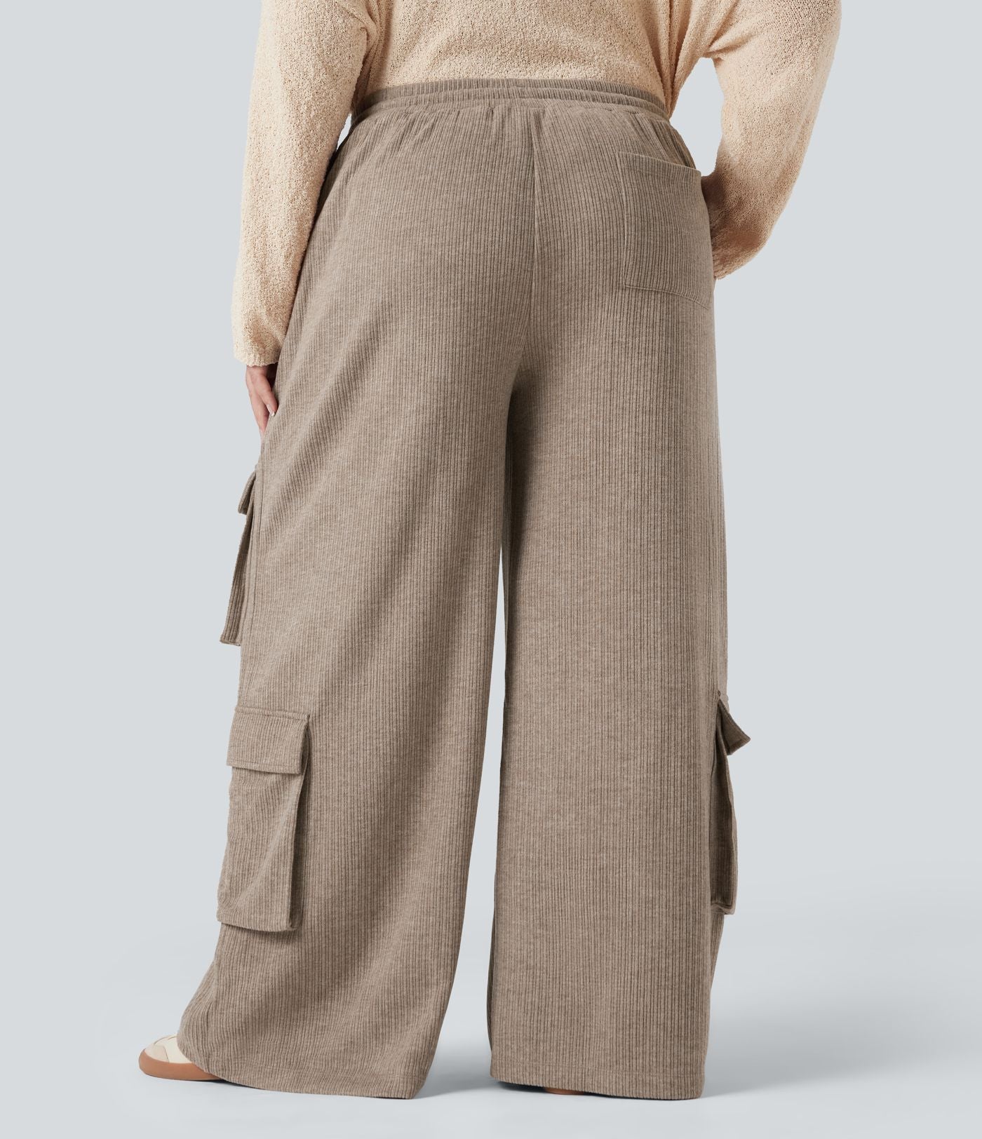 Pantalon cargo décontracté grande taille, ample, côtelé, taille mi-haute, à cordon, avec poches