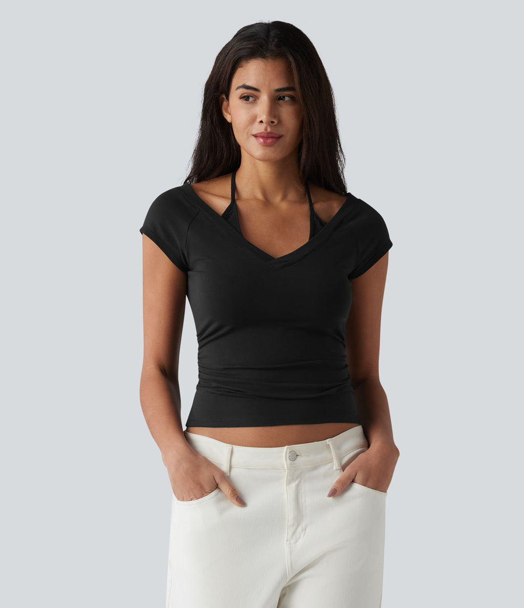 Halara T-shirt casual 2 en 1 en jersey de coton manches courtes dos noué froncé