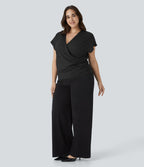 Blouse Travail Unie Froncée Croisée Manches Courtes Col en V Grande Taille