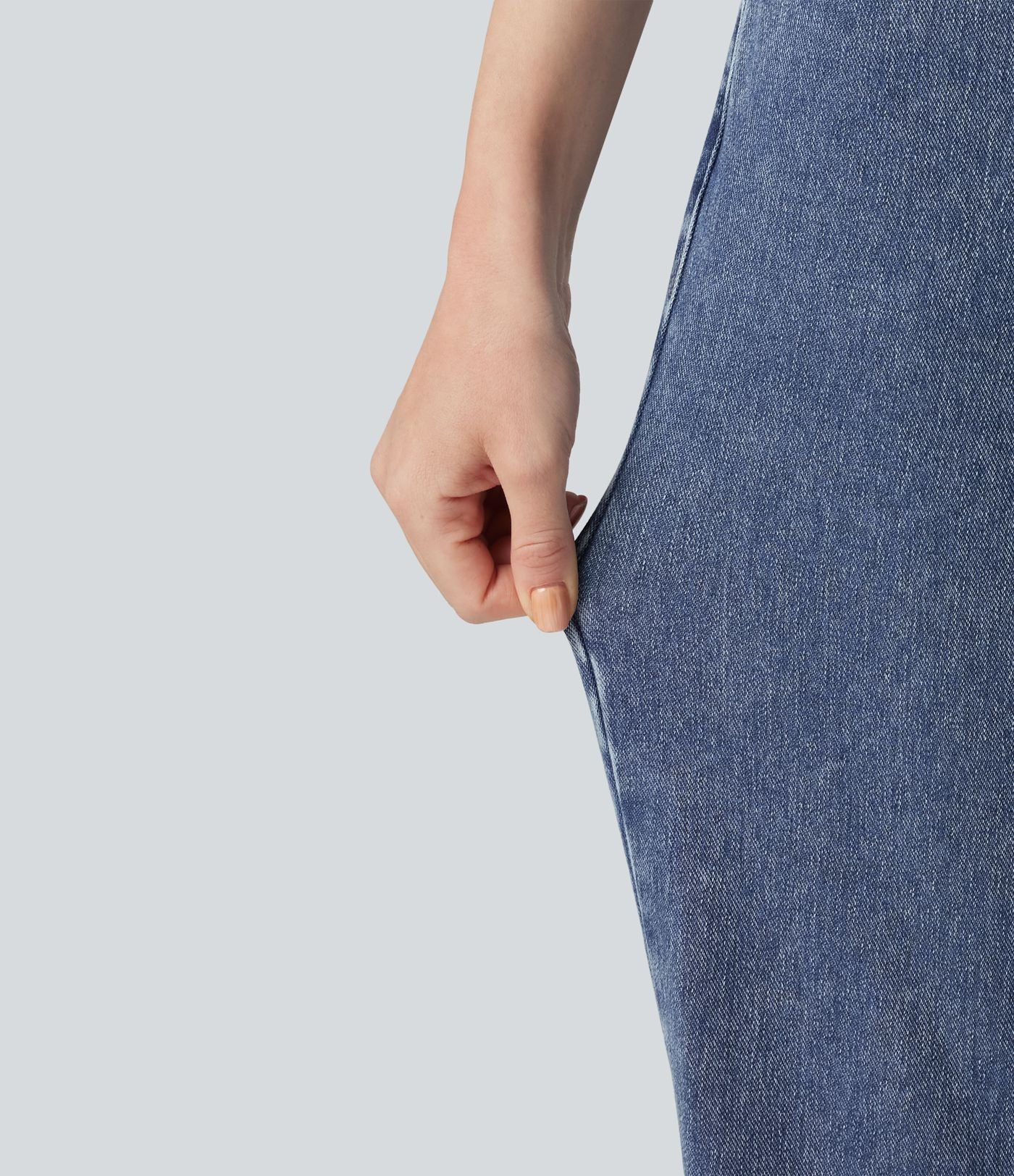 Halara Flex™ Jean droit extensible à taille haute avec bouton, fermeture éclair et poches multiples