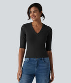 T-shirt décontracté col V manches mi-longues en maille côtelée