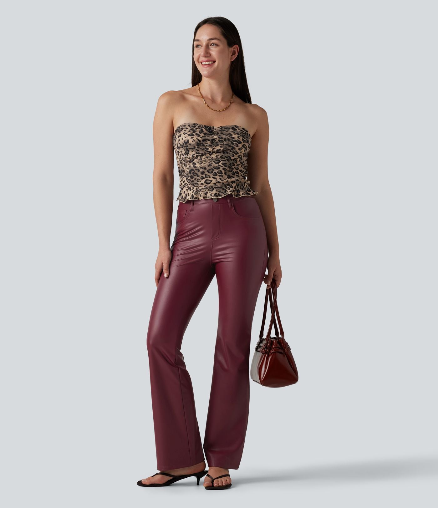 Pantalon casual bootcut taille haute en PU extensible avec poches