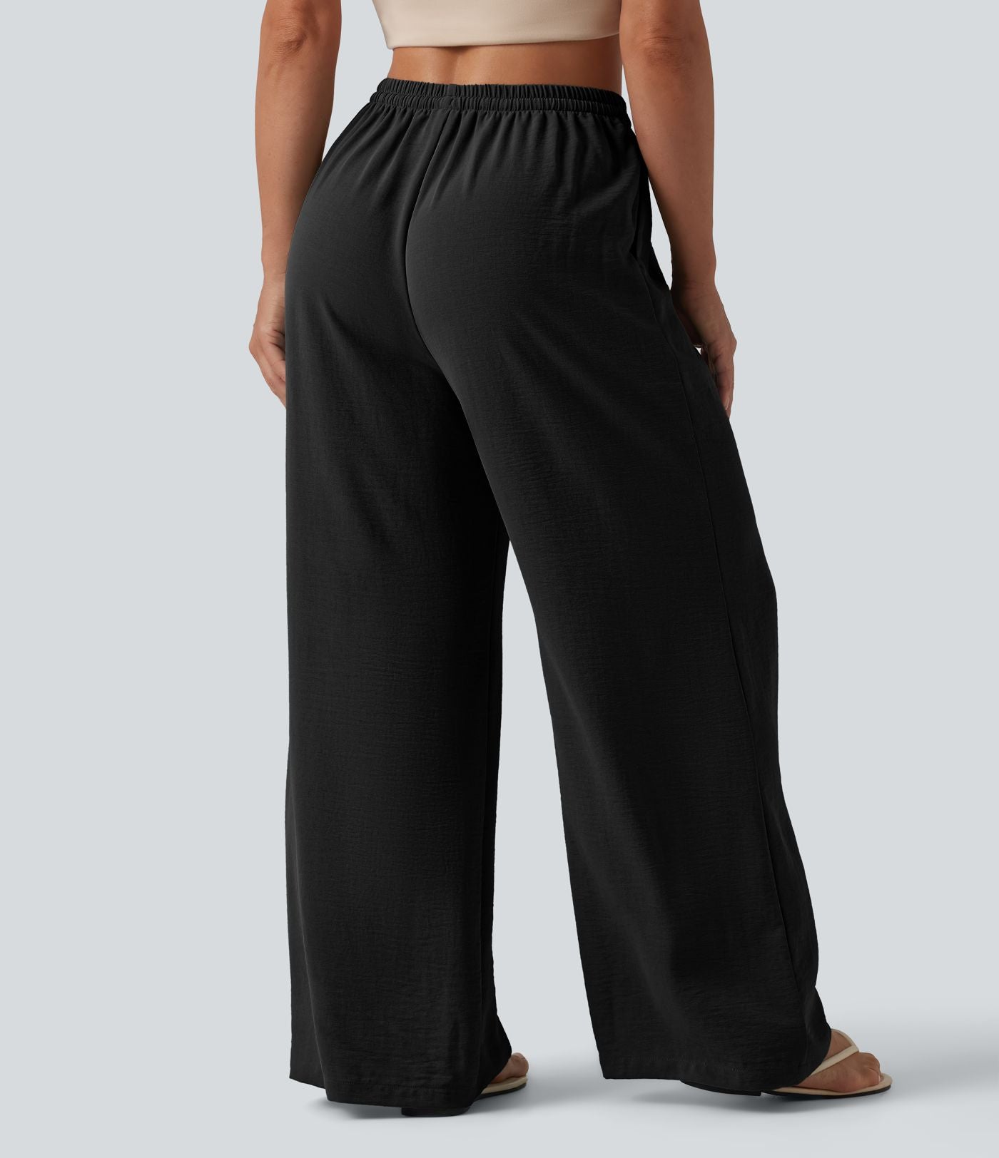Pantalon large décontracté taille mi-haute avec cordon de serrage aspect lin avec poches