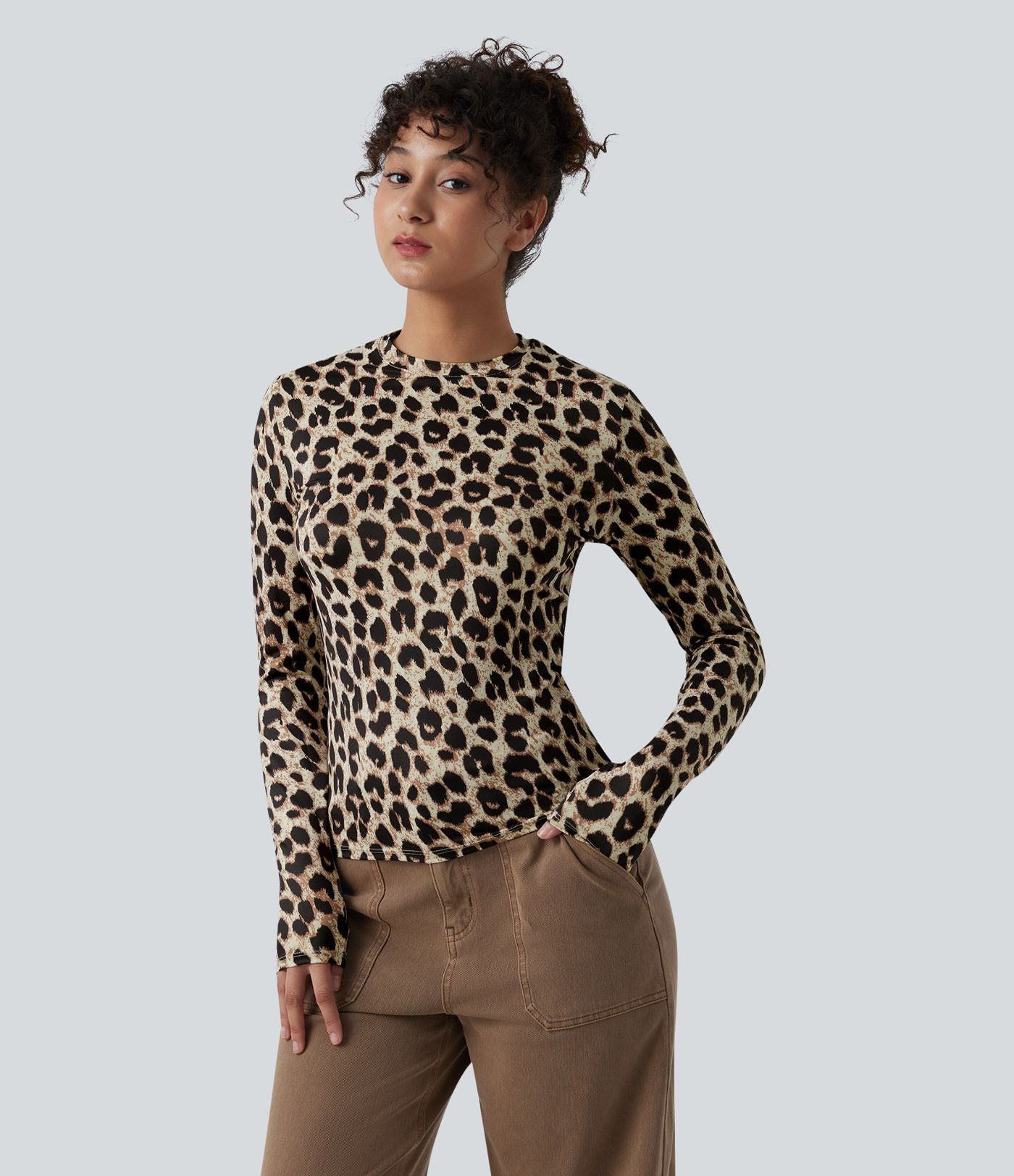 Top casual ajusté col rond manches longues imprimé léopard