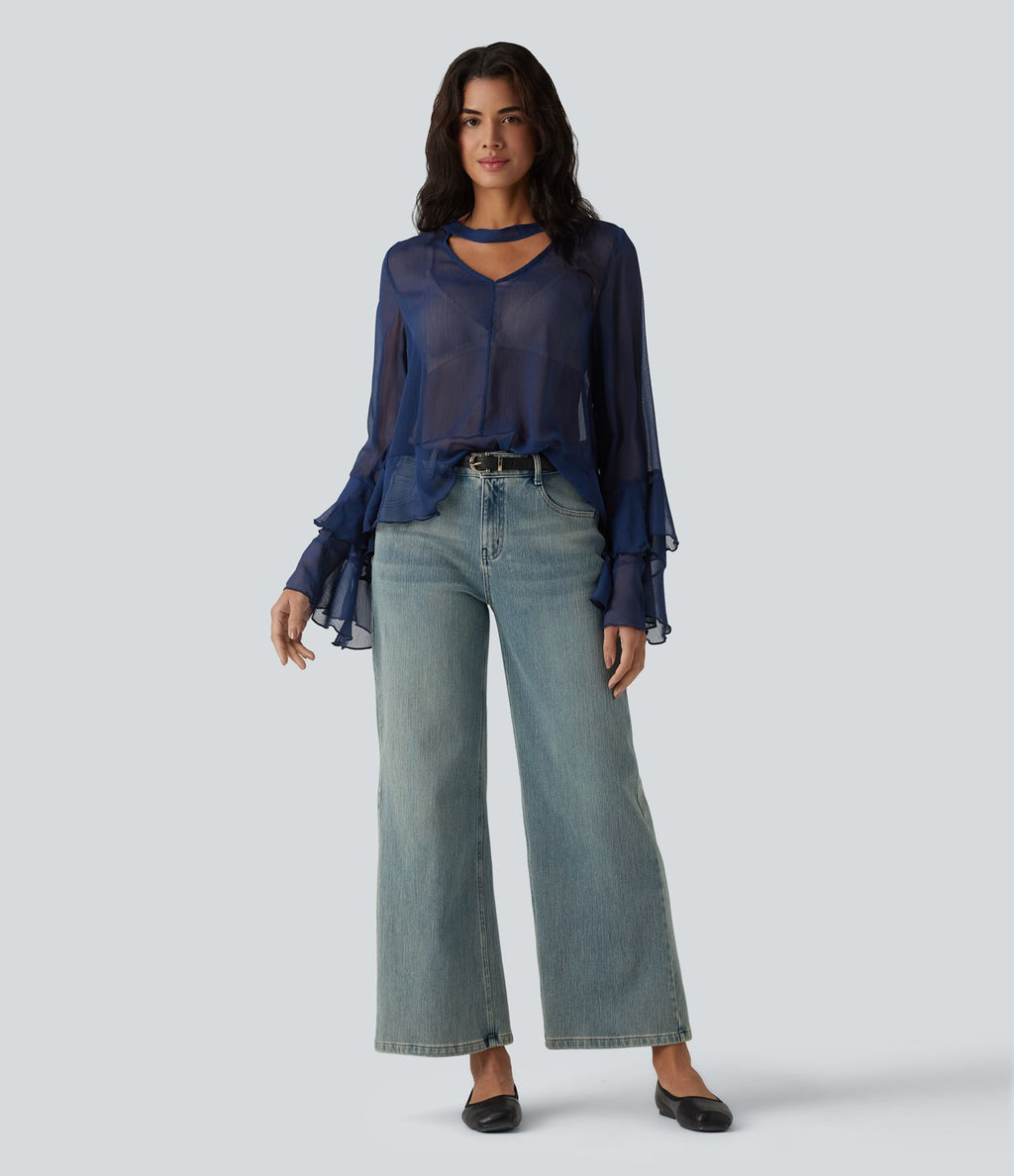 Chemise casual transparente col V manches longues à volants