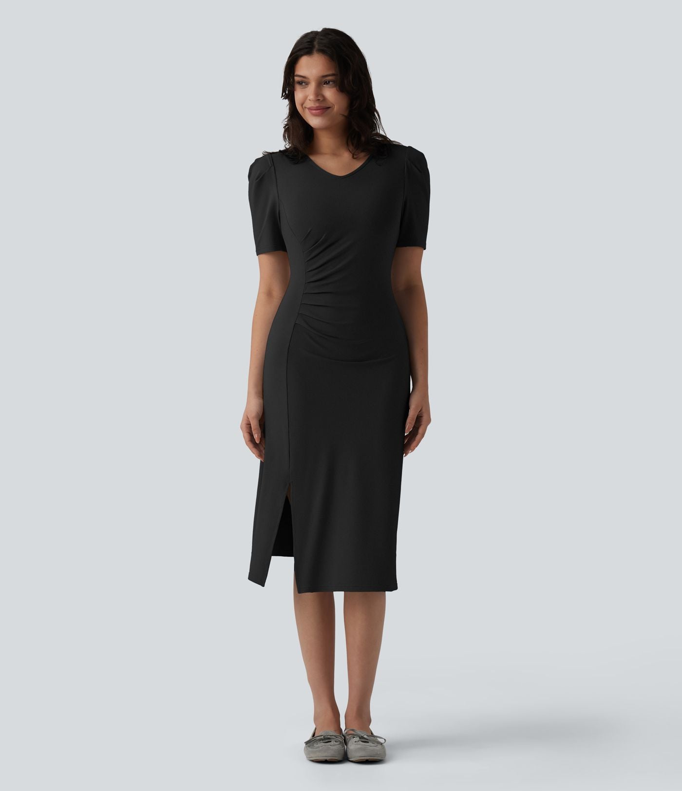 Robe midi casual col V manches courtes