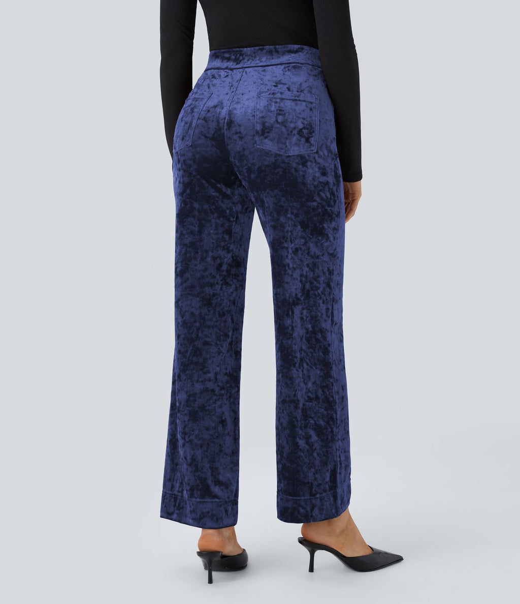 Pantalon Casual en Velours Taille Haute avec Bouton Multipoches Droites