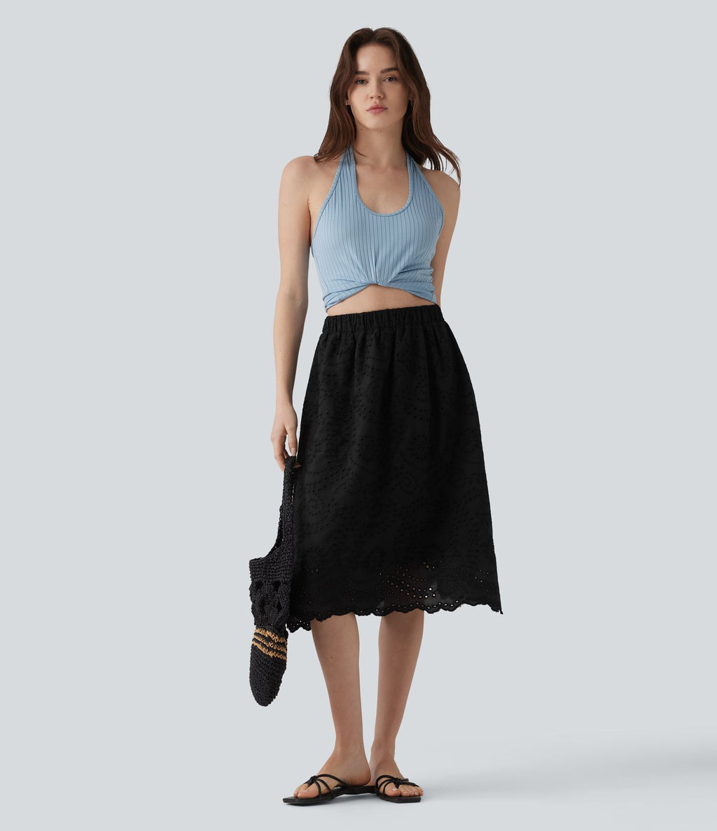 Jupe évasée plage broderie anglaise taille haute