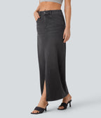 Halara Flex™ Jupe en Jean longue décontractée extensible délavé taille moyenne avec fente et multiples poches