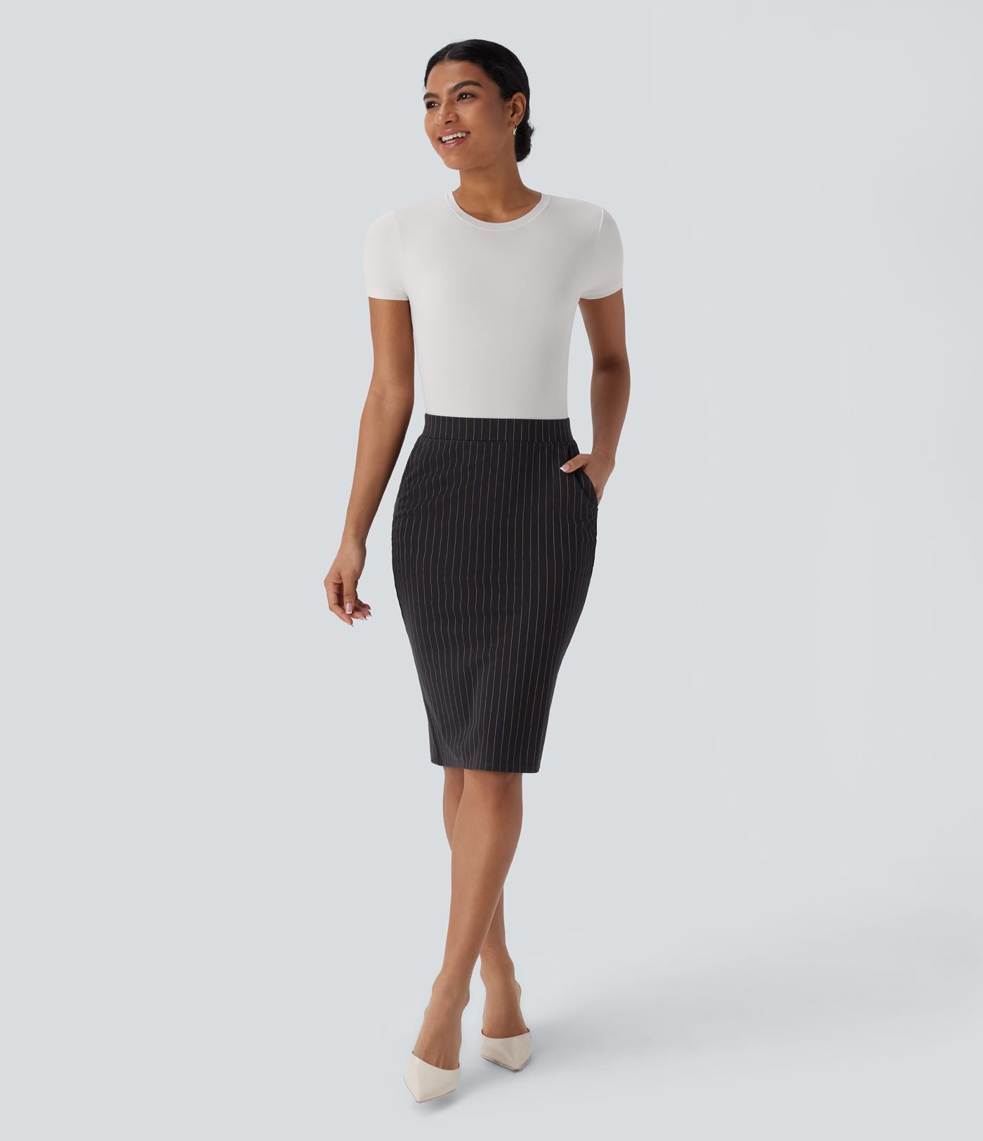 Jupe de travail moulante rayée taille haute avec poches et fentes effet frais InstantCool