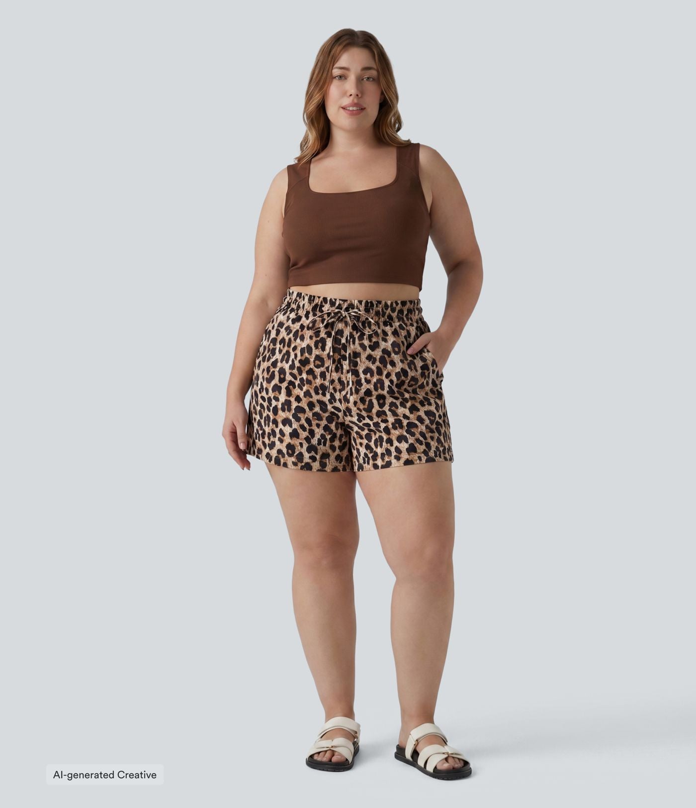 Short grande taille taille haute imprimé léopard avec cordon de serrage et poches