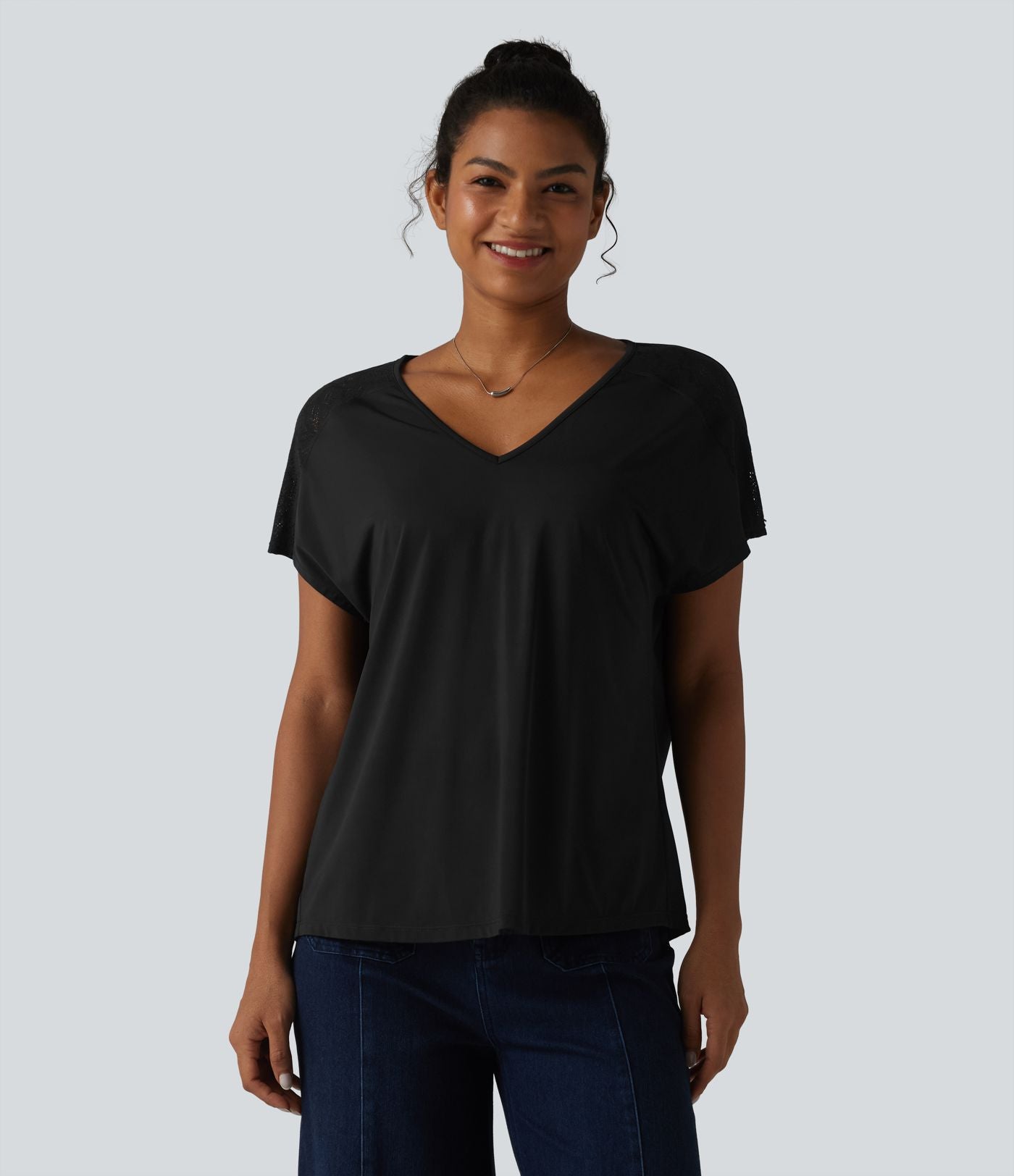 Haut décontracté col V manches chauve-souris courtes avec dentelle contrastée effet frais InstantCool séchage rapide, protection solaire UPF50+