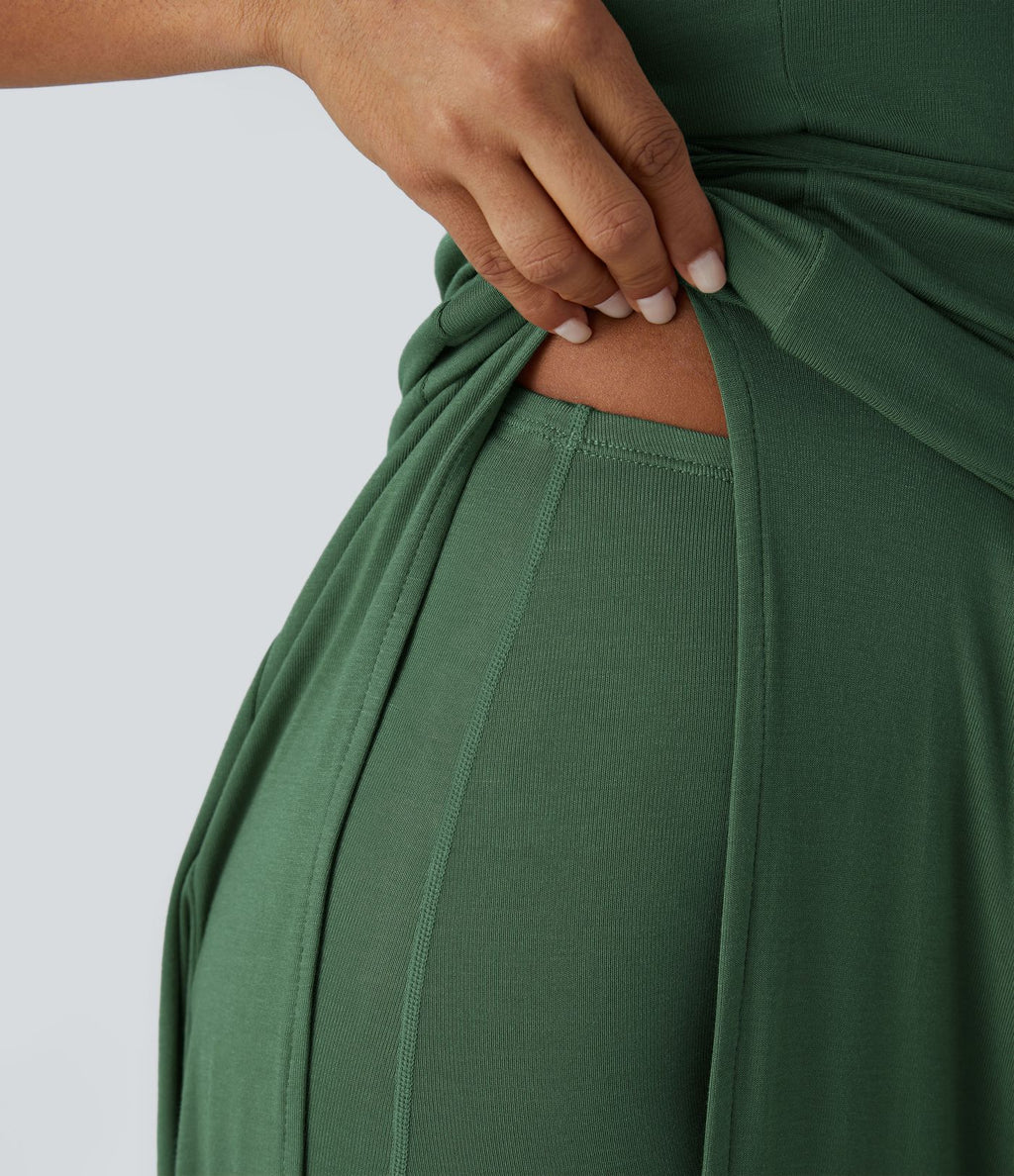 Robe Casual Midi 2 Pièces Capuche Col Montant Sans Manches Fendue avec Découpe Dos Nœud Côtelée