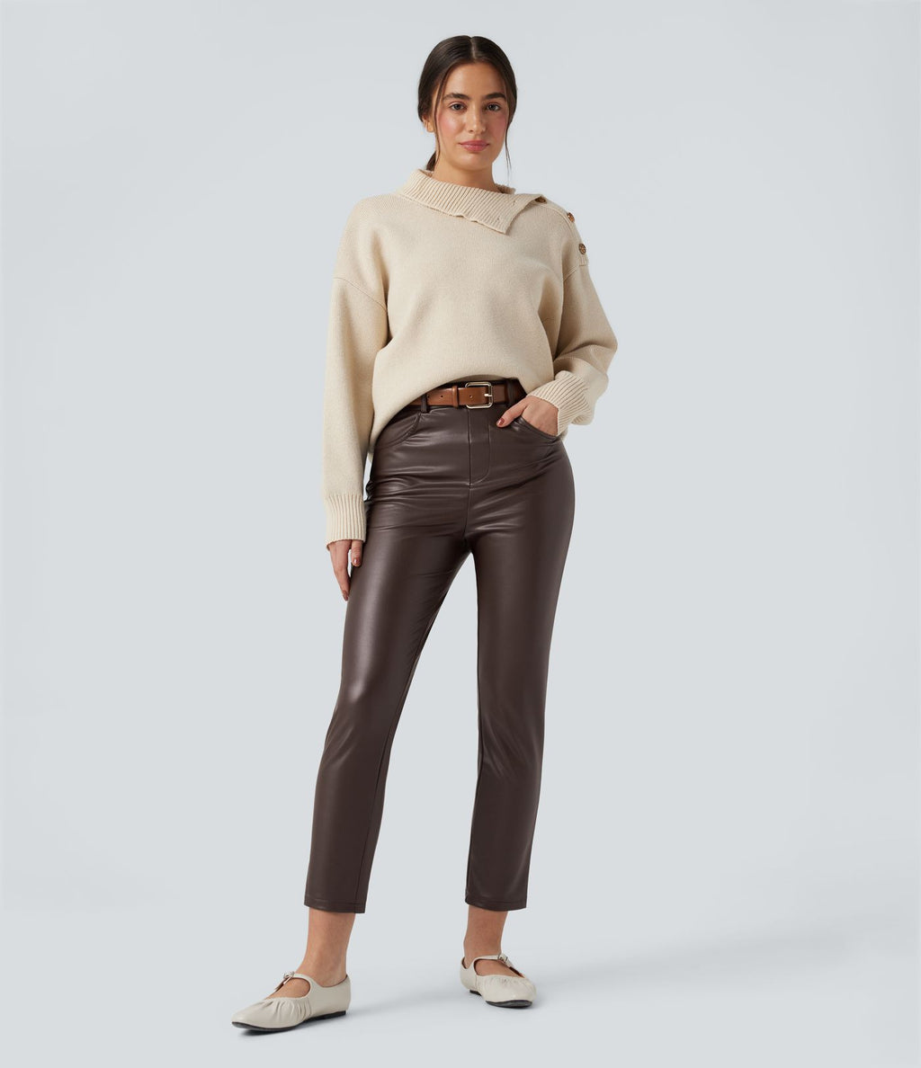 Pantalon simili cuir décontracté fuselé 7/8 taille mi-haute polaire extensible avec poches