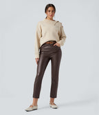 Pantalon simili cuir décontracté fuselé 7/8 taille mi-haute polaire extensible avec poches