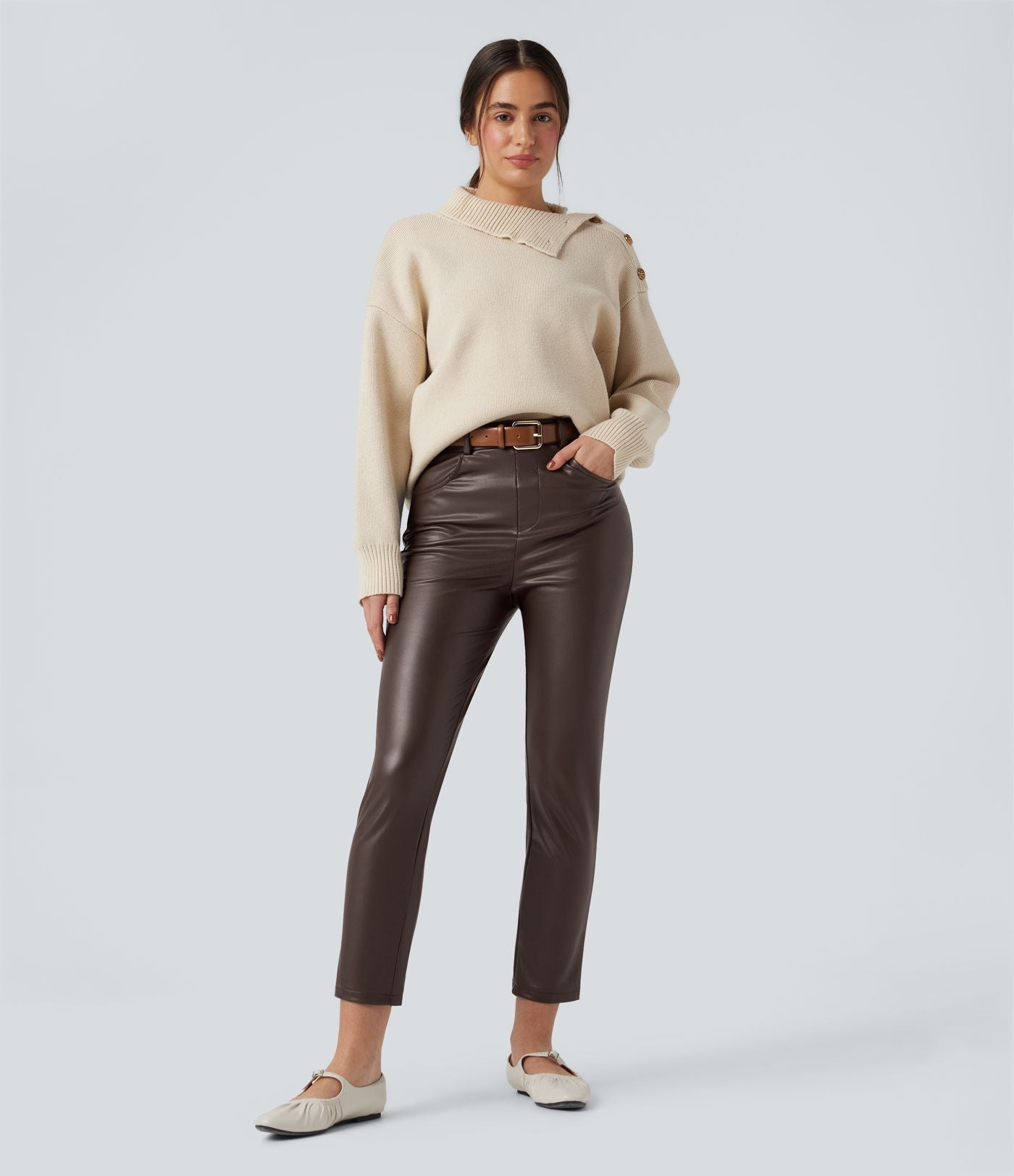 Pantalon simili cuir décontracté fuselé 7/8 taille mi-haute polaire extensible avec poches