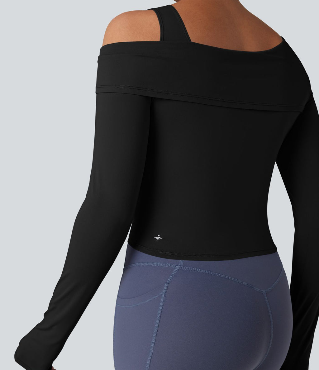 Top de sport yoga épaule asymétrique manches longues avec trous pouces