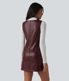 Robe de travail mini sans manches à col en V en polaire PU extensible avec poches