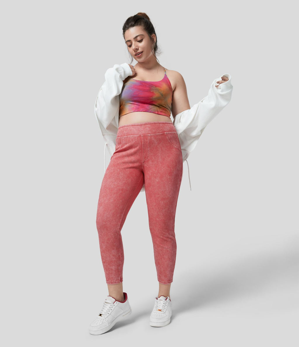 Halara Flex™ Legging Casual 7/8 Grande Taille en Denim Tricot Extensible Coloré à Taille Haute avec Poches Latérales Arrière