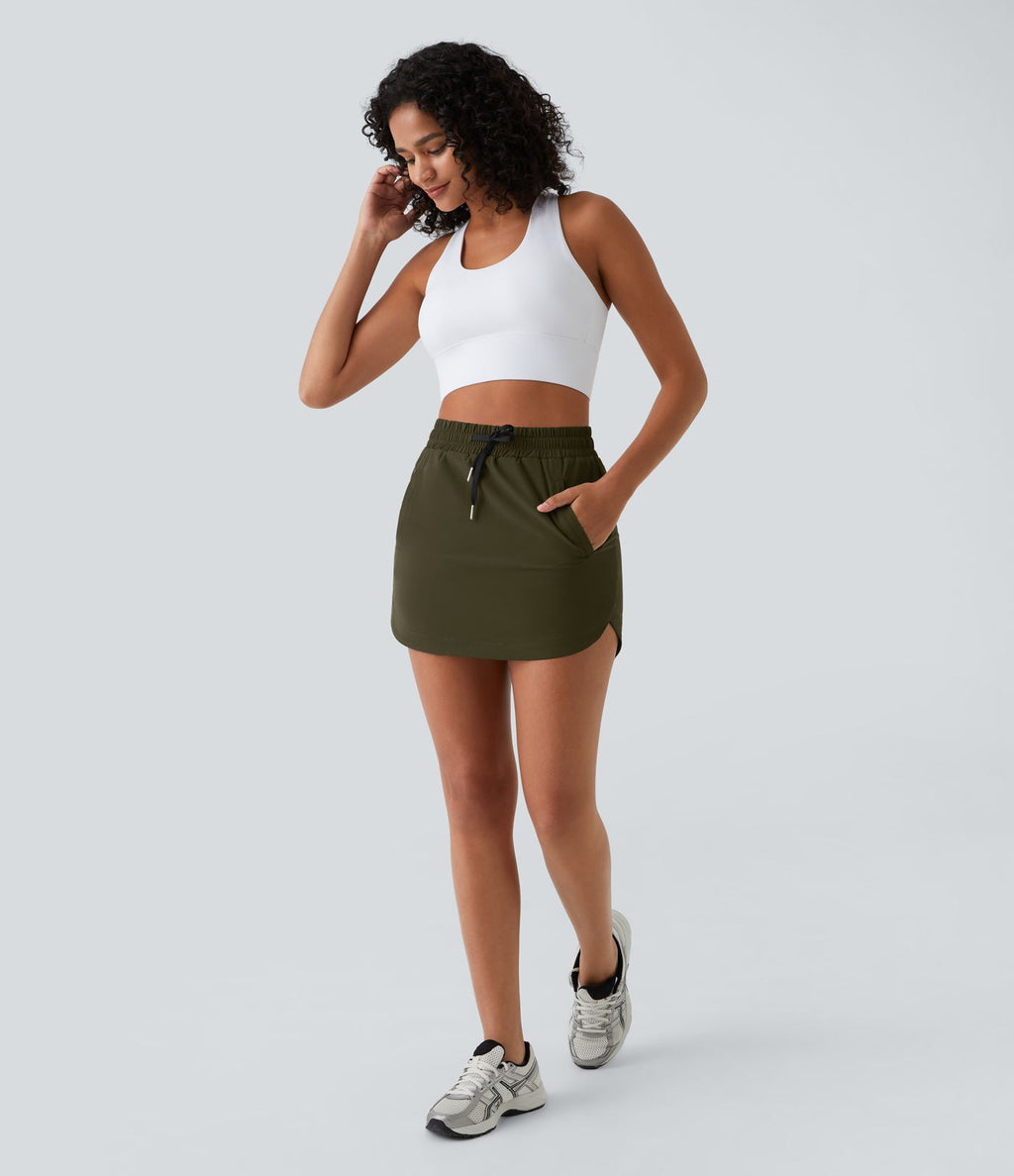 Mini-Jupe Golf Taille Haute Cordon de Serrage Poches Latérales Ourlet Courbé 2 en 1