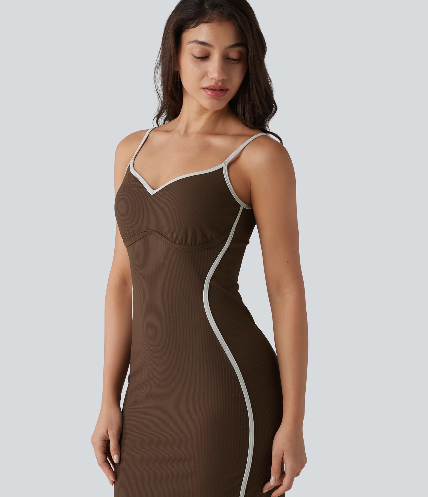 Robe nuisette casual midi côtelée color block à décolleté cœur avec coussinets intégrés non amovibles