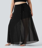 Jupe longue fluide grande taille 2-en-1 mesh contrastant taille haute avec cordon de serrage et poches