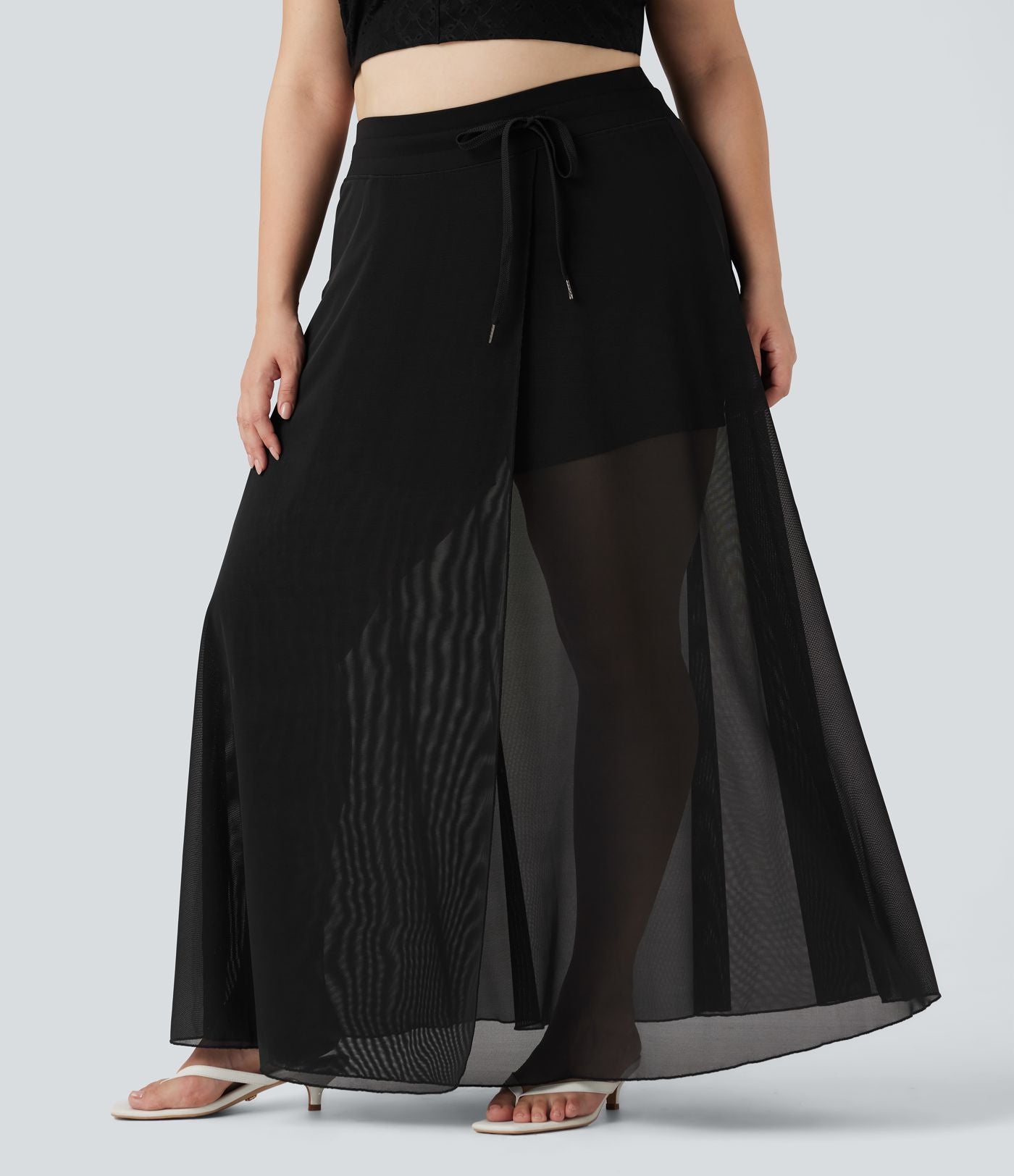 Jupe longue fluide grande taille 2-en-1 mesh contrastant taille haute avec cordon de serrage et poches
