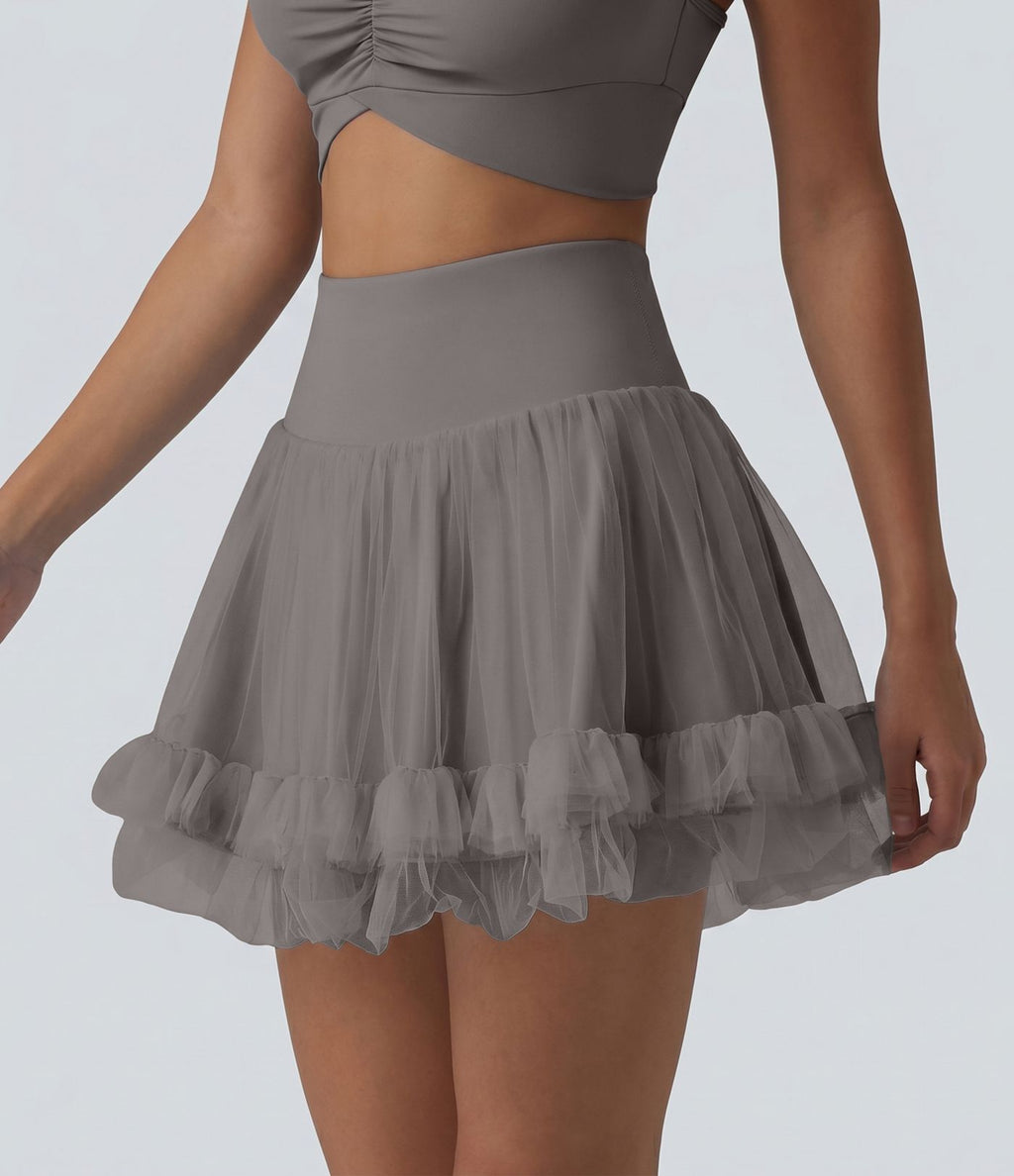 Jupe mini de sport 2 en 1 taille haute ventre plat en maille contrastée avec poches