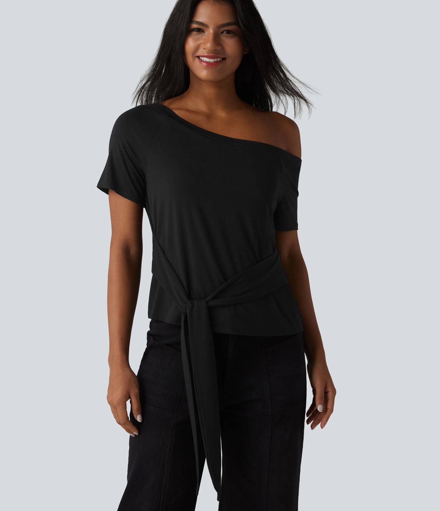 T-shirt décontracté asymétrique manches courtes soutien-gorge intégré nœud devant