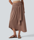 Jupe midi fluide casual gainante côtelée taille haute à nœuds latéraux et ourlet asymétrique avec poches