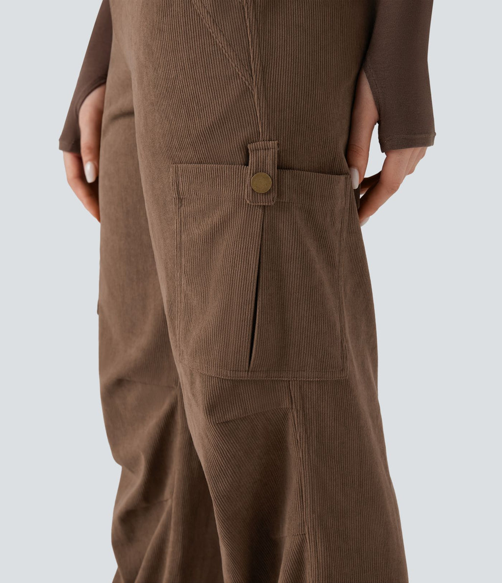 Pantalon jogging cargo velours côtelé coupe droite taille mi-haute avec cordon de serrage et poches