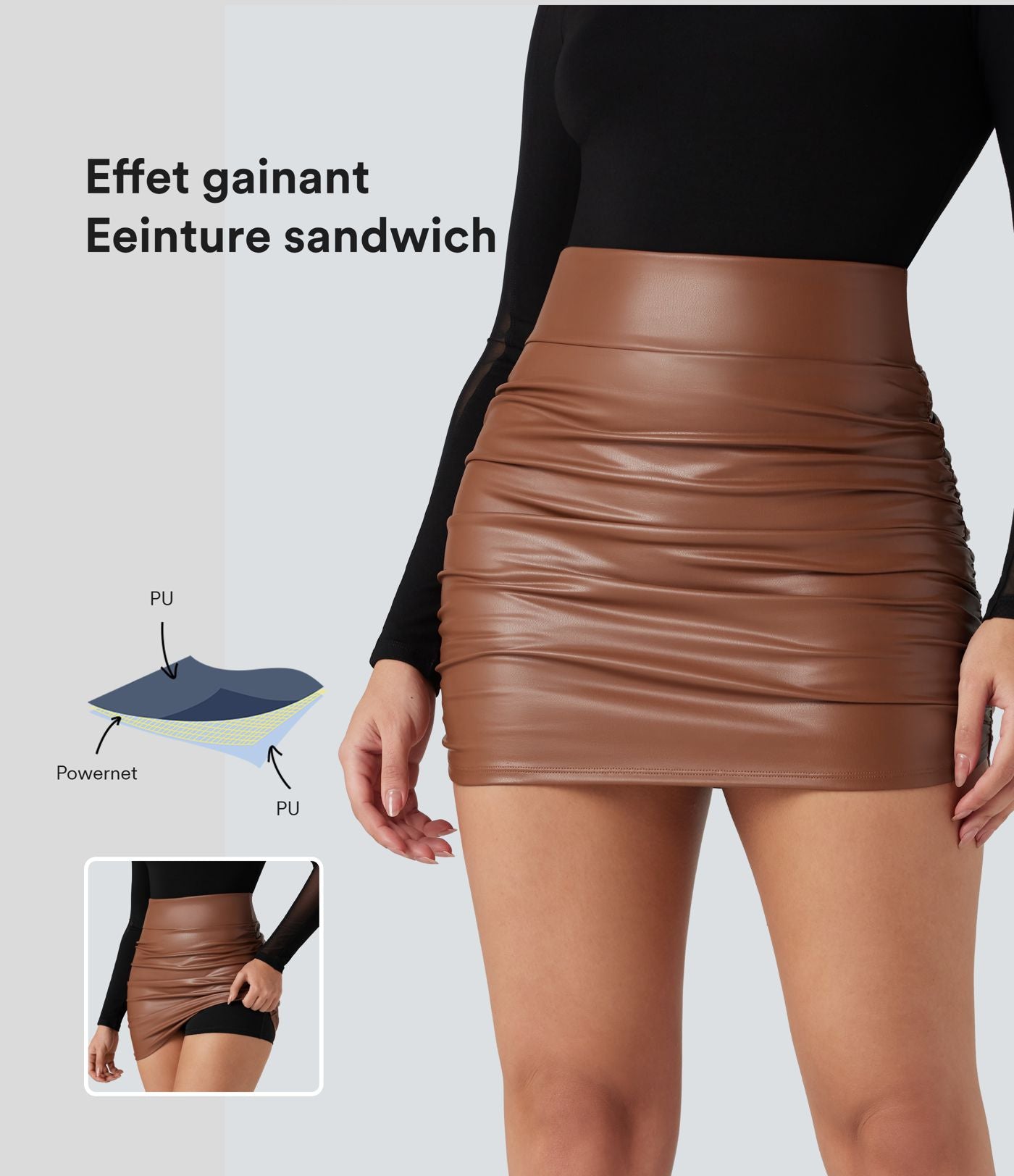 Jupe courte moulante 2-en-1 SoCinched gainante taille haute similicuir polaire froncée ourlet arrondi