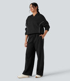 Pantalon large fluide polaire color block double ceinture gainant taille haute avec poches