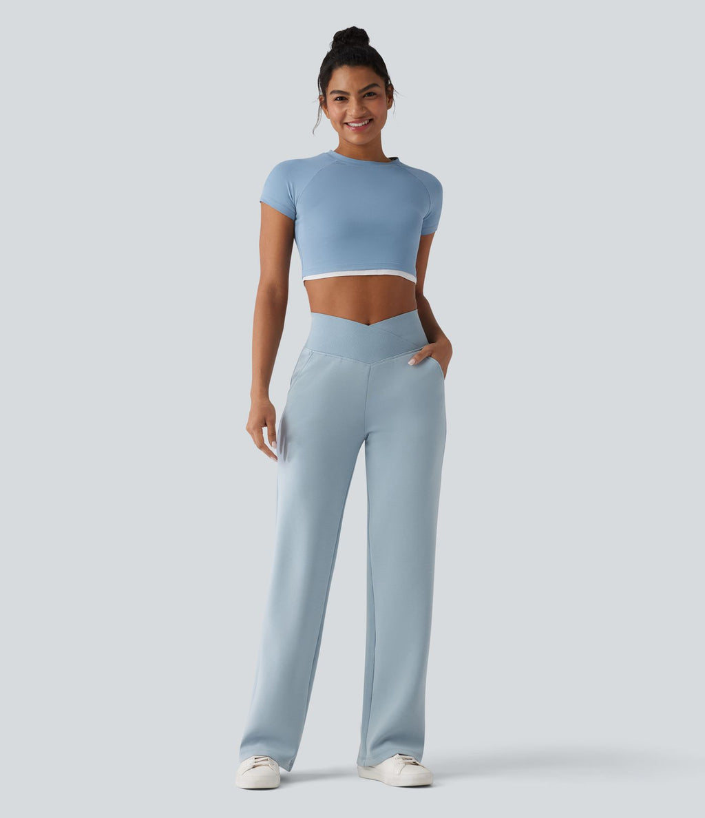 Pantalon décontracté SpacerTek™ taille haute croisée, jambes droites avec poches
