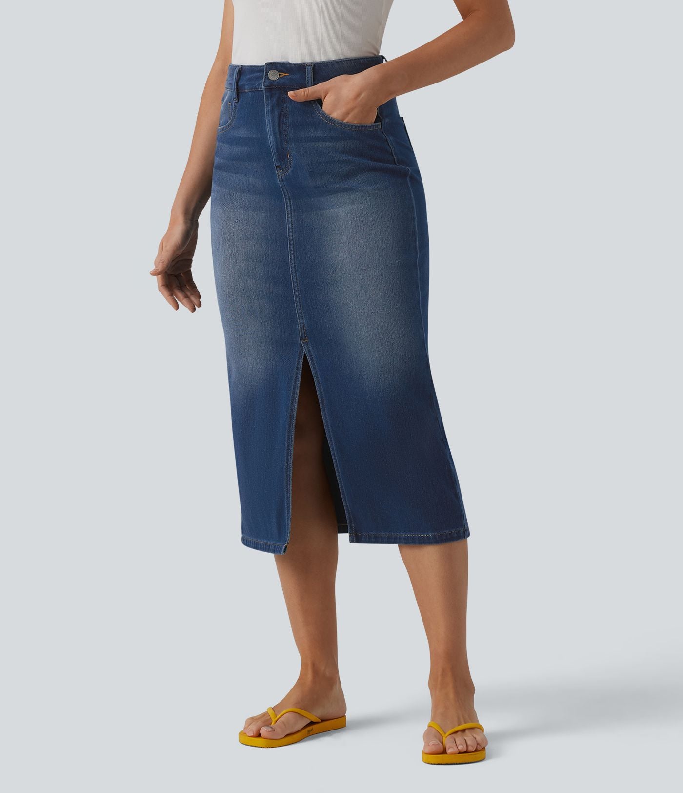 Halara Flex™ Jupe droite midi en denim taille haute avec fente et poches