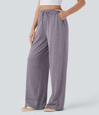 Pantalon large décontracté taille haute avec cordon de serrage et poches latérales