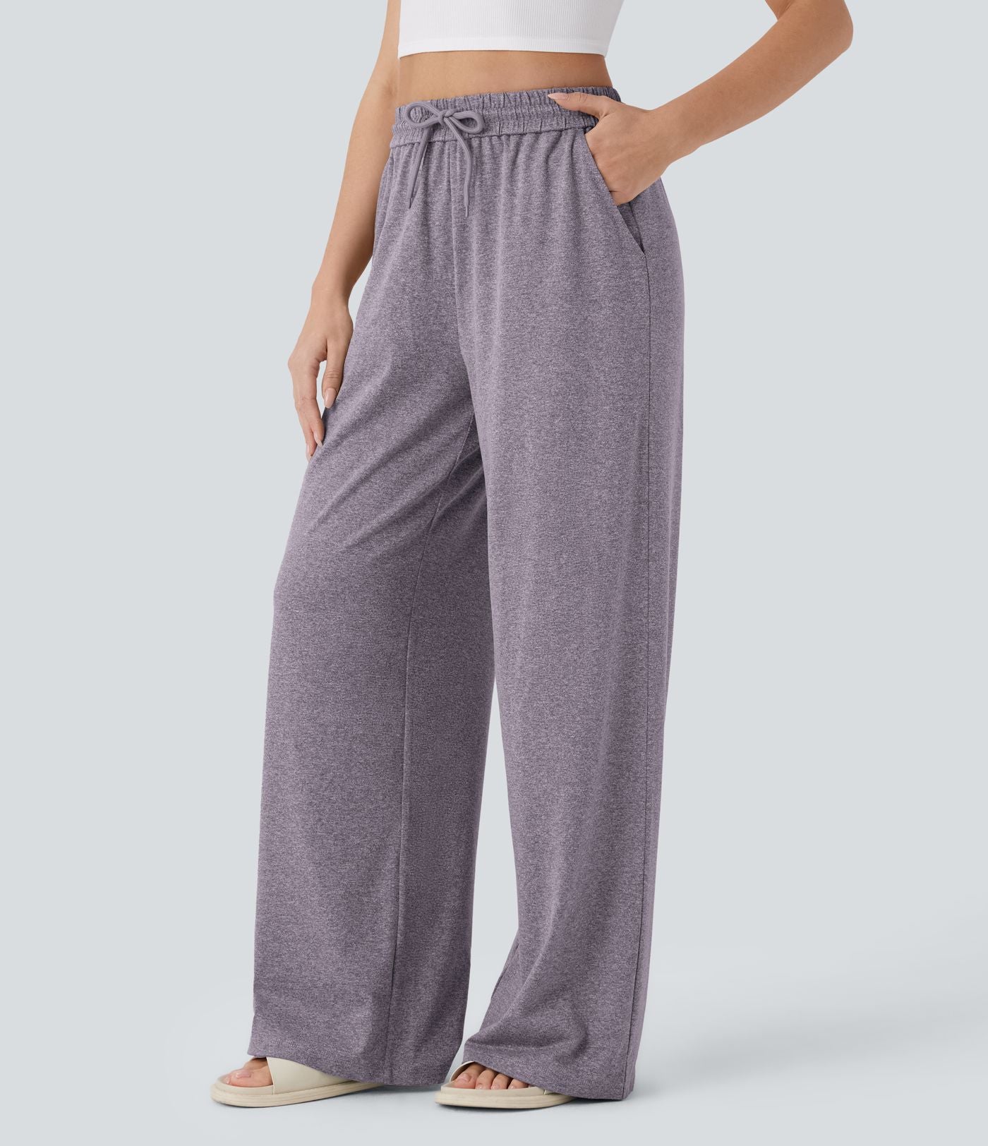 Pantalon large décontracté taille haute avec cordon de serrage et poches latérales