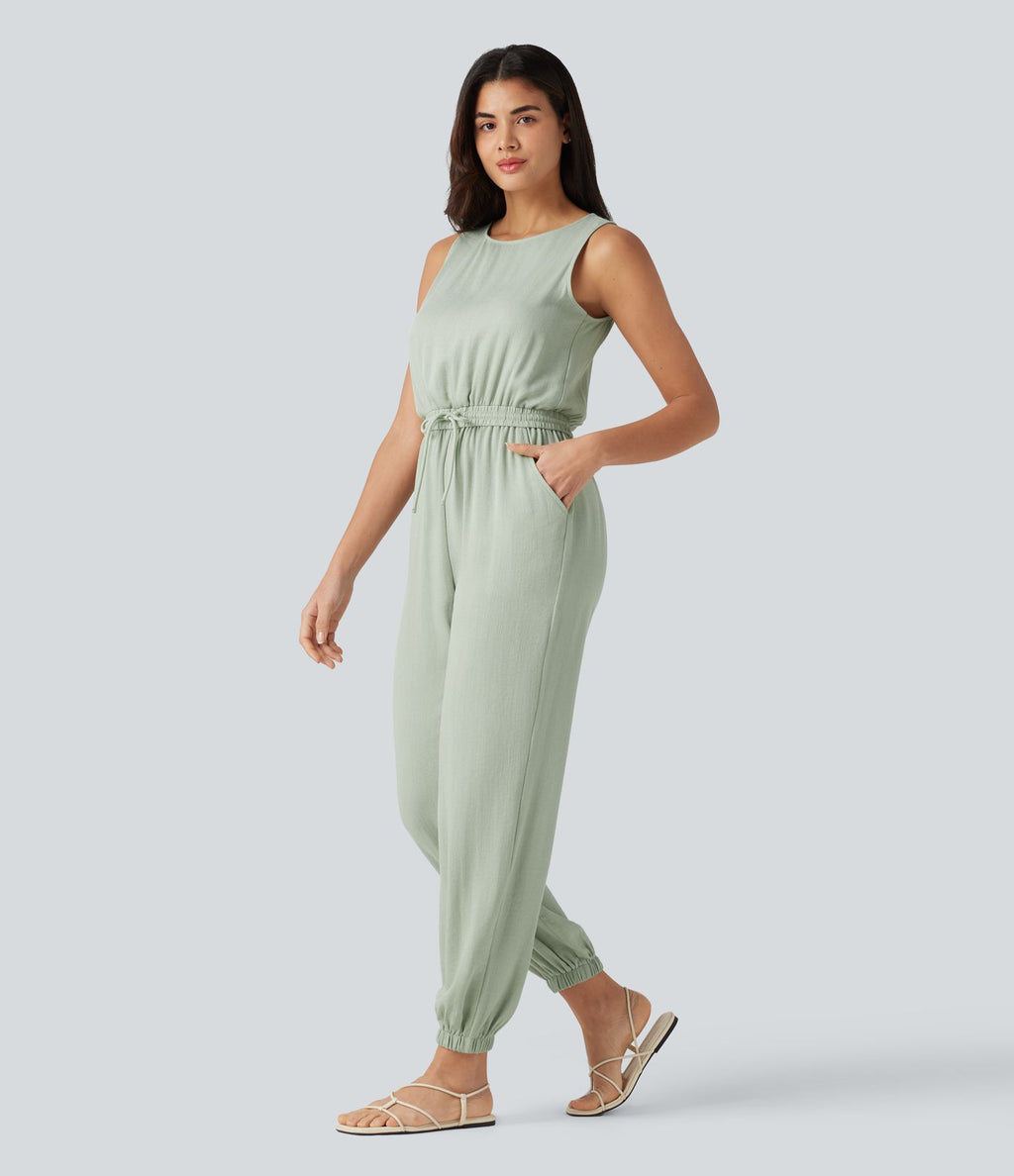 Combinaison casual col rond sans manches avec cordon de serrage, aspect lin et poches