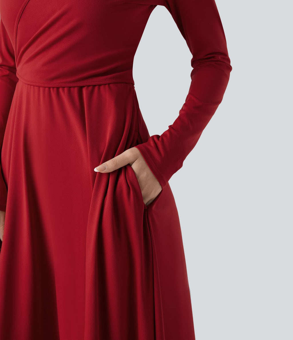 Robe mi-longue deux pièces à manches longues effet cache-cœur avec nœud au dos et poches
