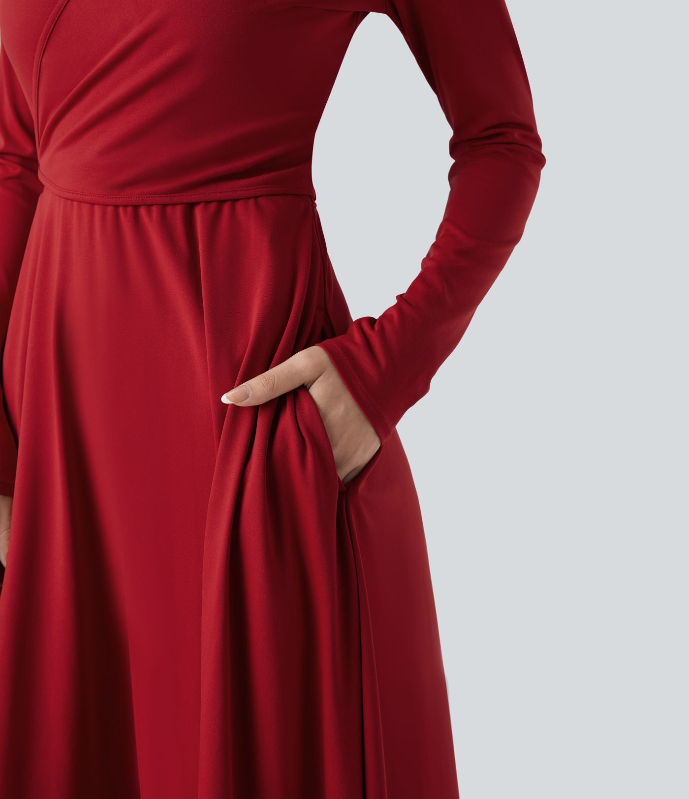 Robe mi-longue deux pièces à manches longues effet cache-cœur avec nœud au dos et poches