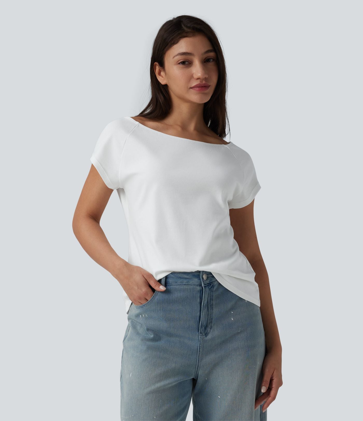 T-shirt décontracté col bateau manches courtes coton