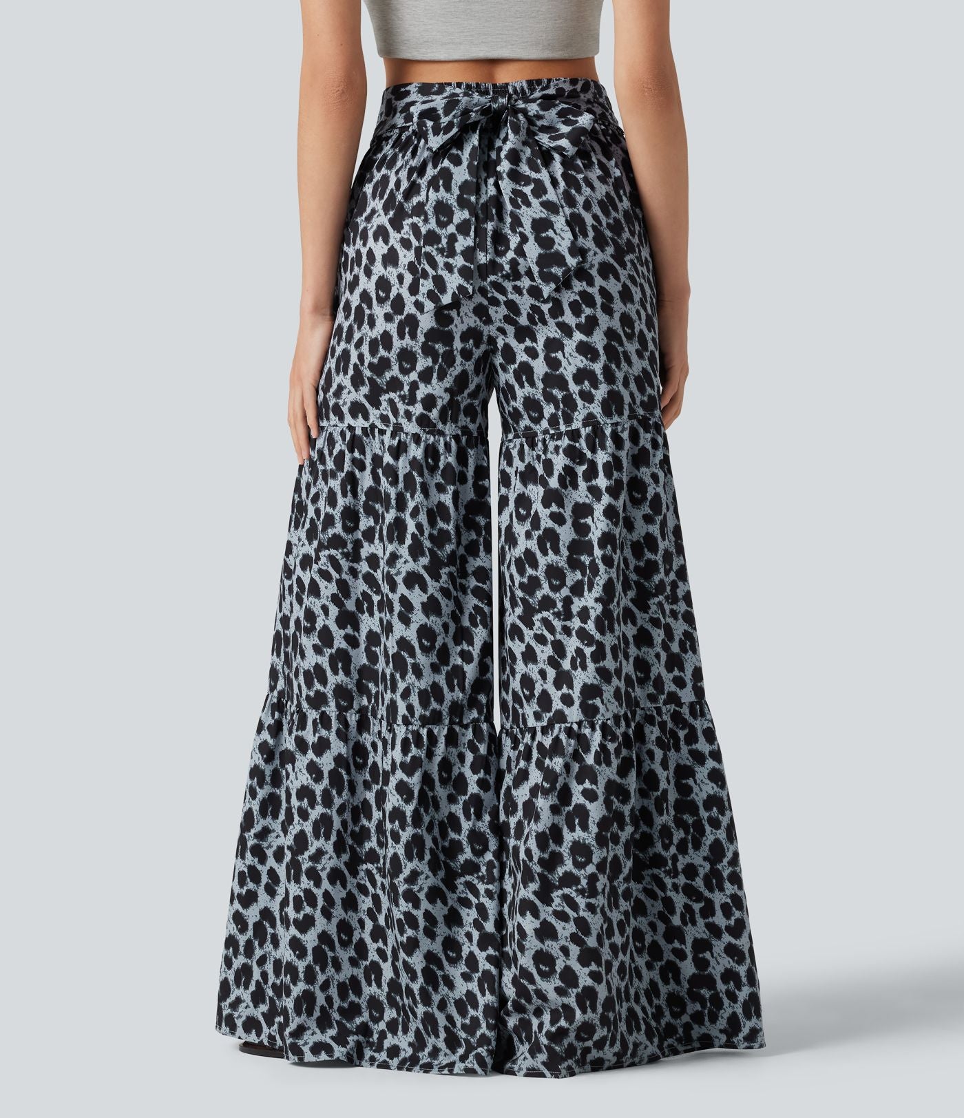 Pantalon ample décontracté taille mi-haute avec nœud devant imprimé léopard avec poches