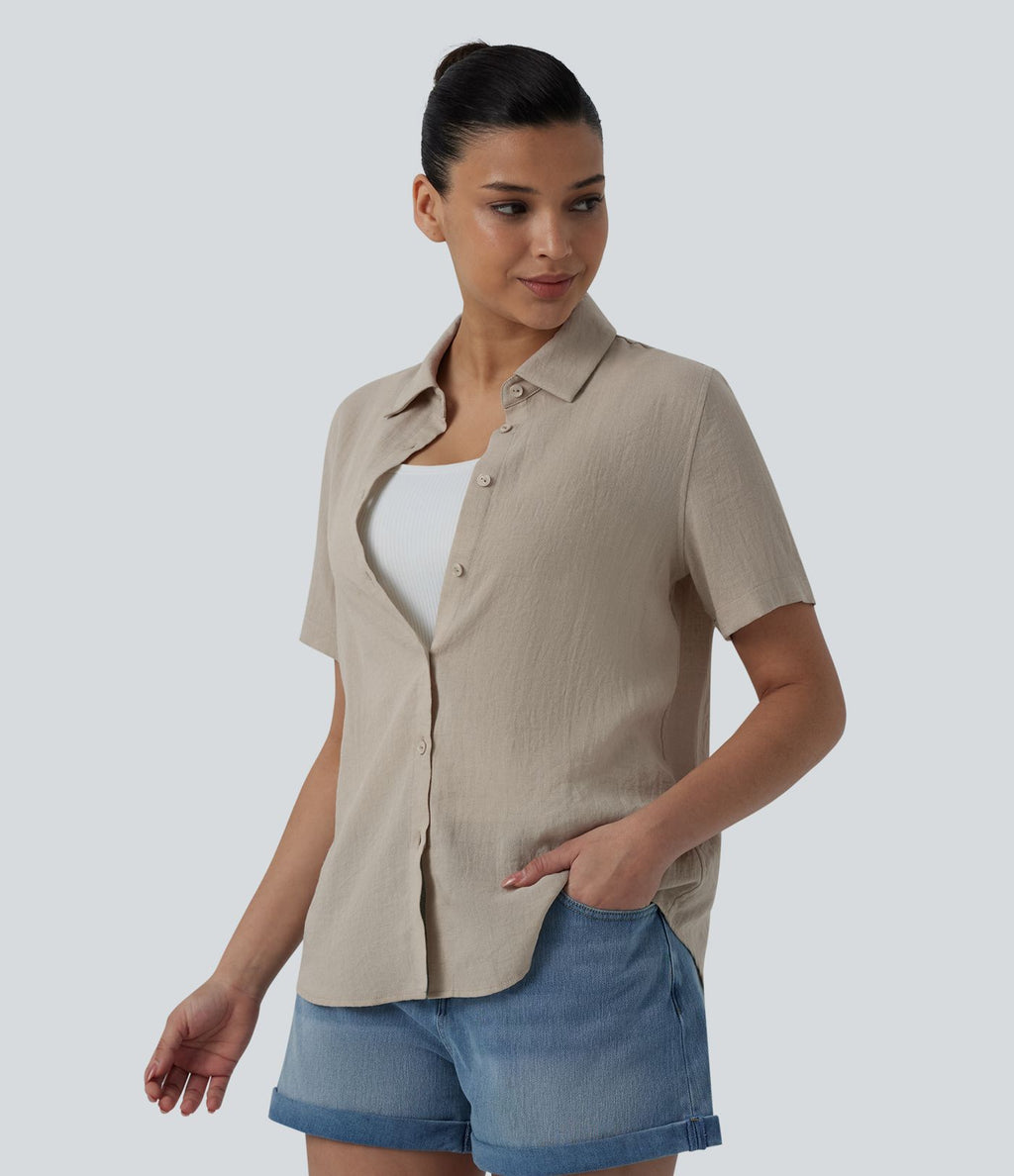 Chemise décontractée à manches courtes avec col et ourlet arrondi, aspect lin