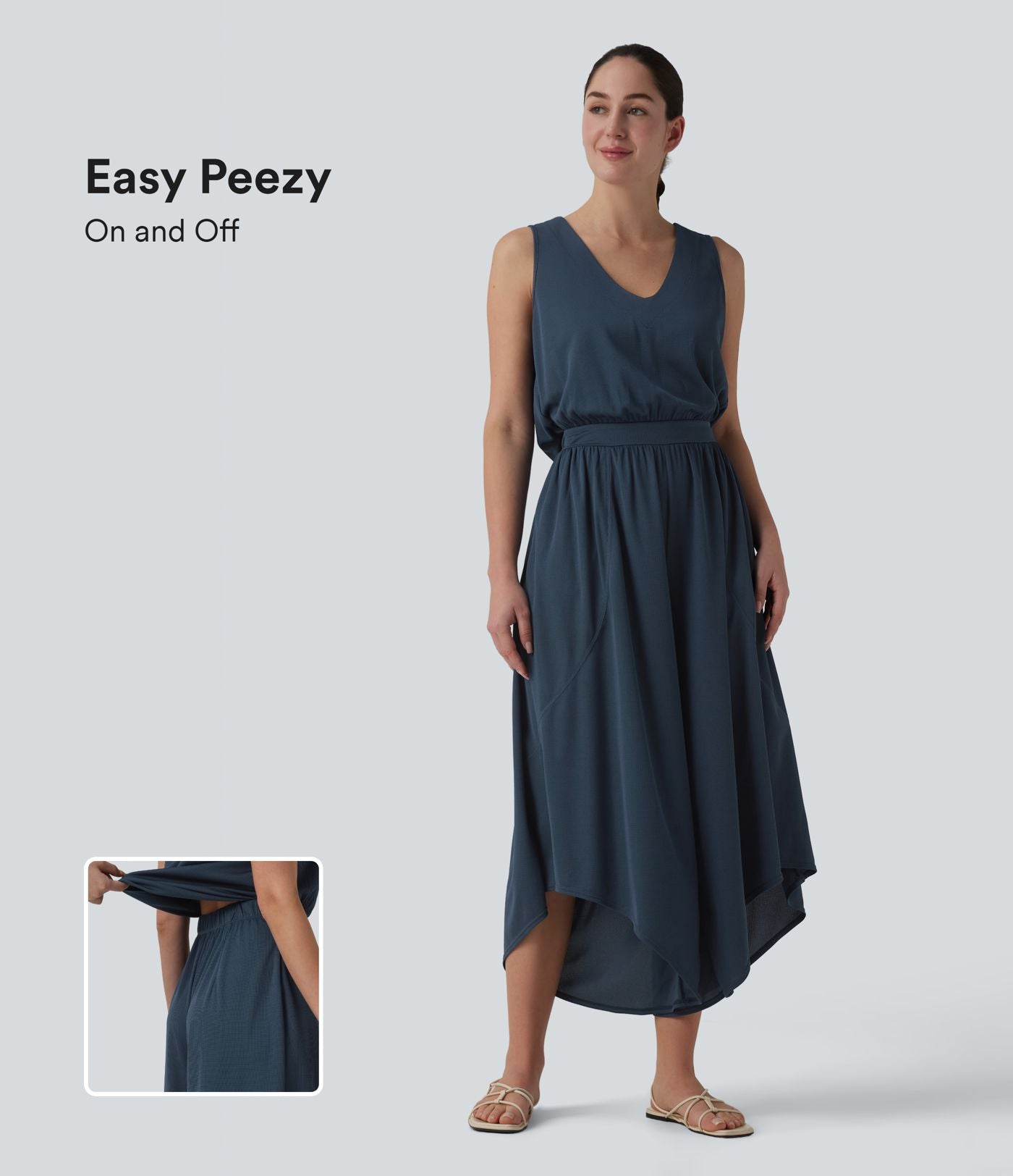 Combinaison décontractée fluide en tissu gaufré col V avec poches, Édition Easy Peasy