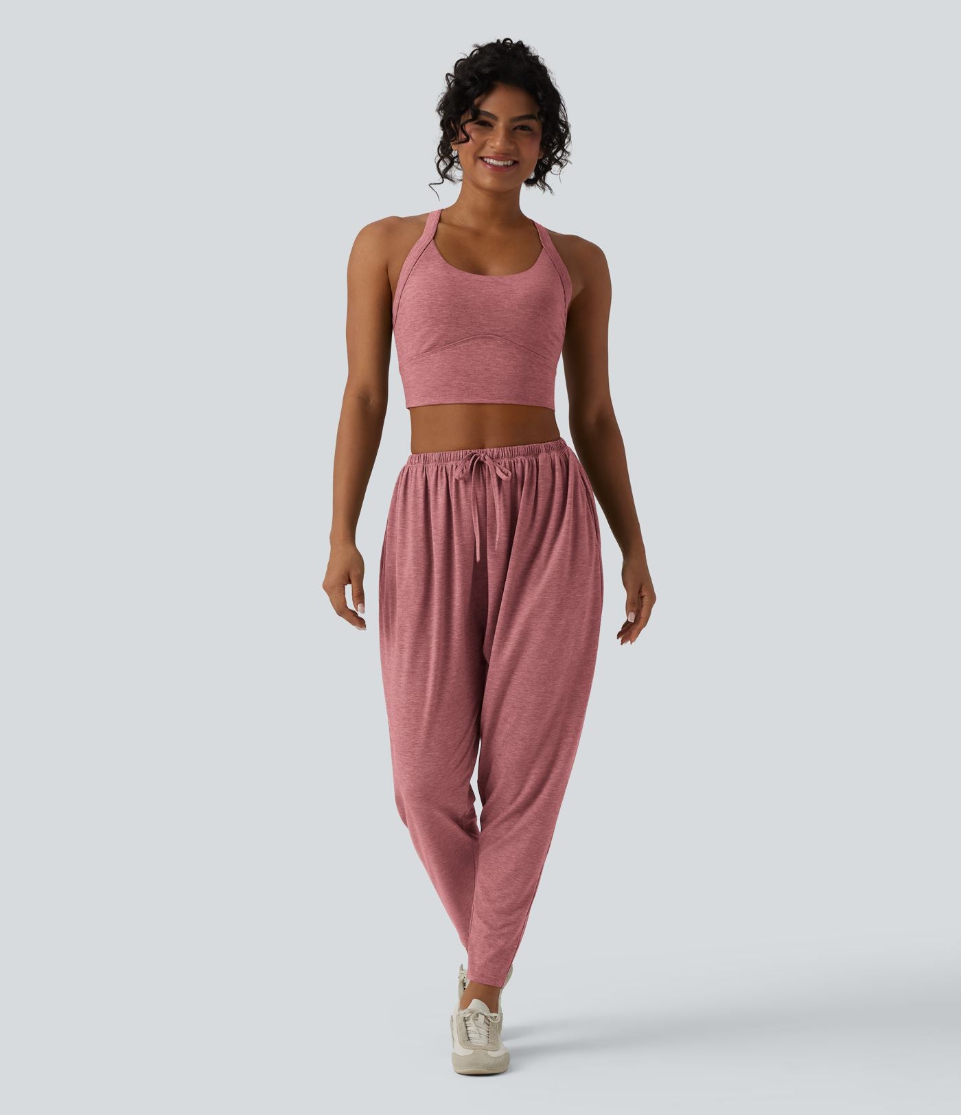 Pantalon sarouel décontracté chiné taille haute avec cordon de serrage et poches
