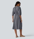 Robe midi casual col V à manches trois-quarts aspect lin, avec poches