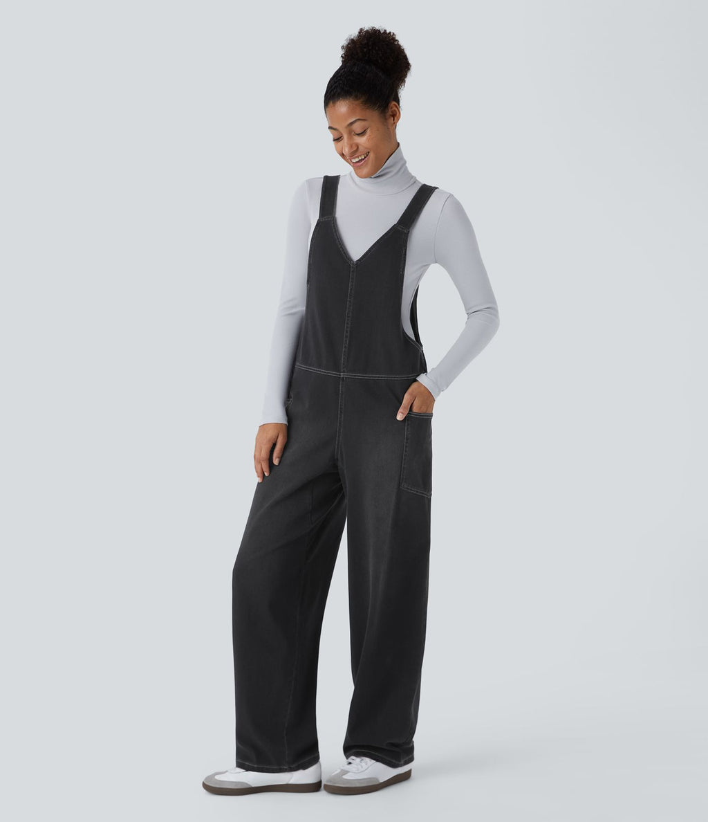 Salopette décontractée Halara Flex™ en denim extensible délavé, col V et poches latérales