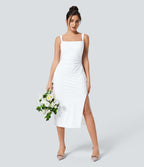 Softlyzero™ Airy Robe Demoiselle d'Honneur Invitée de Mariage Col Carré Plissée et Fendue Toucher Frais Grande Taille