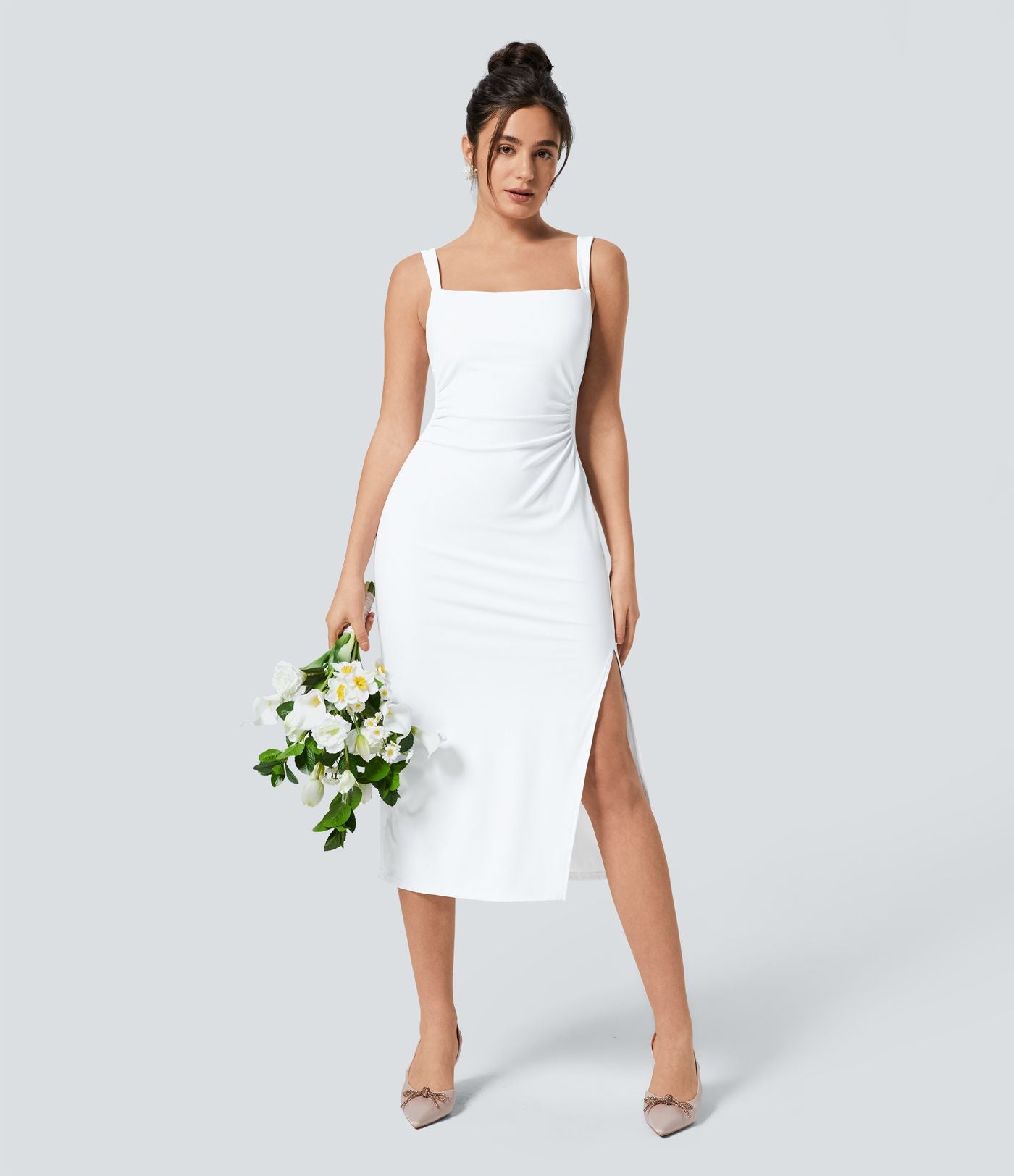 Softlyzero™ Airy Robe Demoiselle d'Honneur Invitée de Mariage Col Carré Plissée et Fendue Toucher Frais Grande Taille