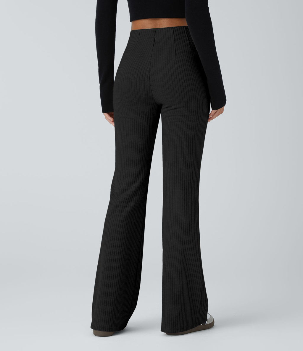 Pantalon décontracté évasé en maille côtelée à taille haute et poches zippées latérales